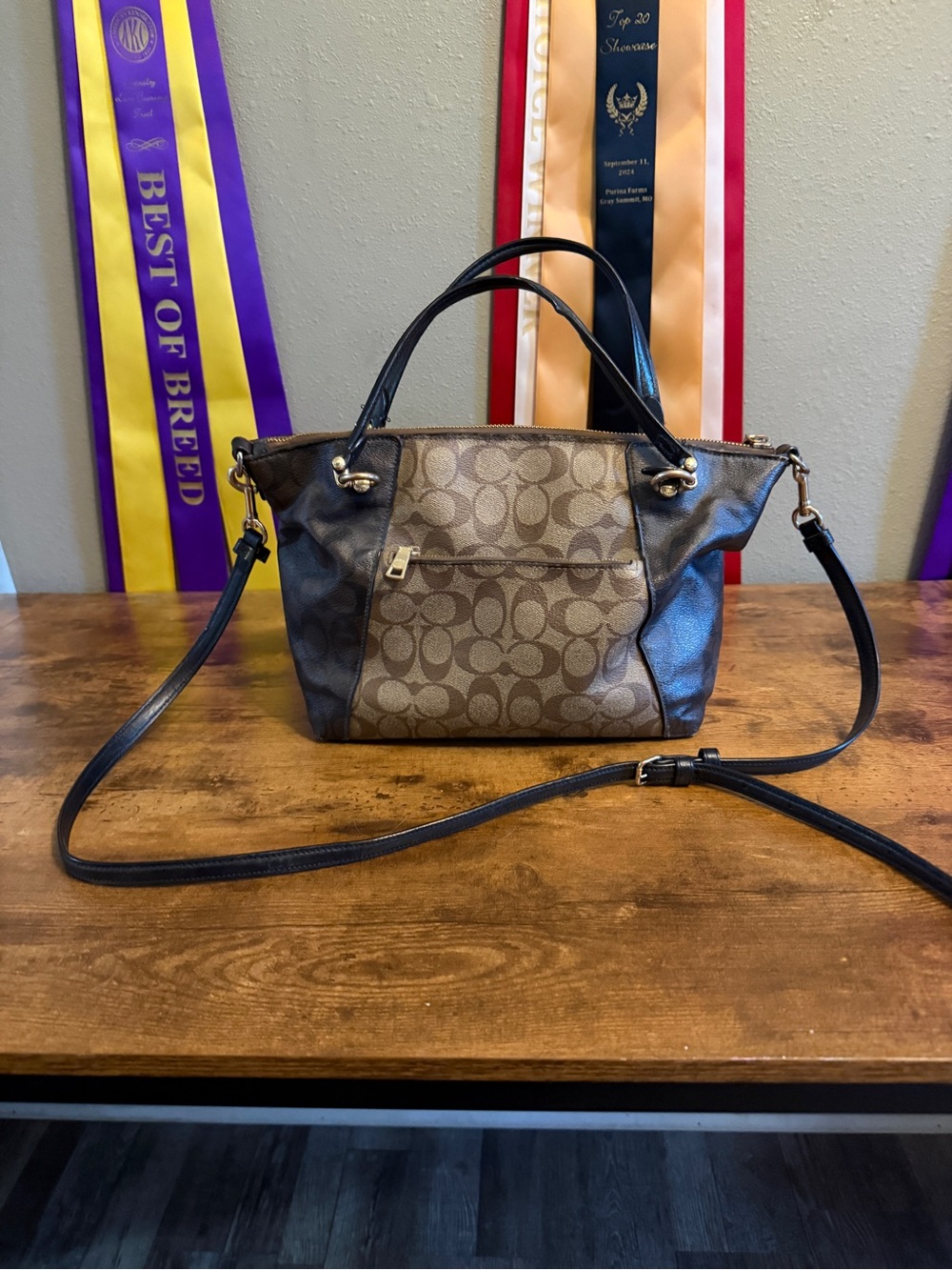 Coach Brown Signature Canvas Tote with Black Trim